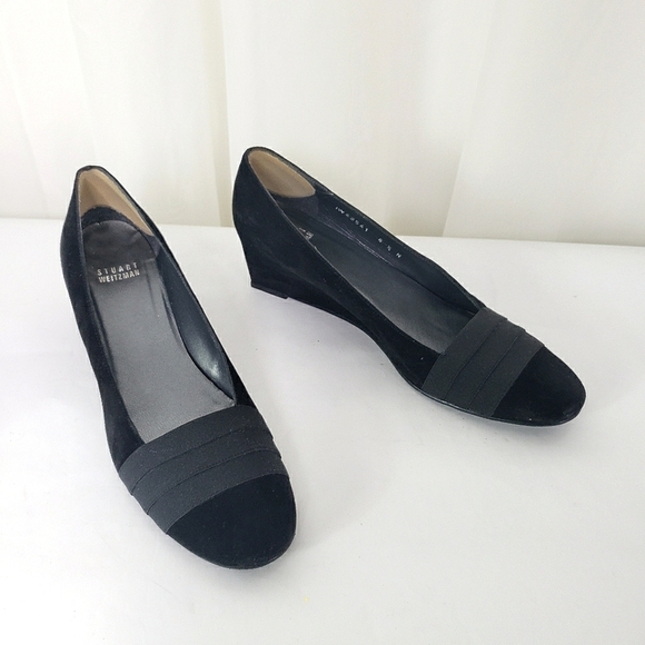 Stuart Weitzman black suede wedge elastic fabric wrap round toe 8.5 NARROW - Picture 1 of 9